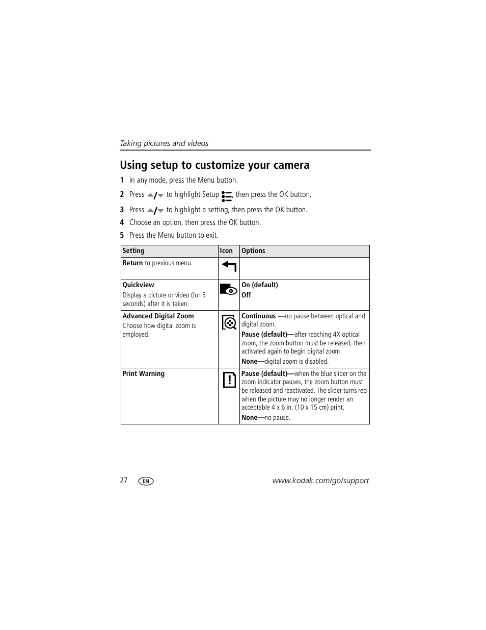 Using setup to customize your camera | Kodak Z730 User Manual | Page 34 / 79