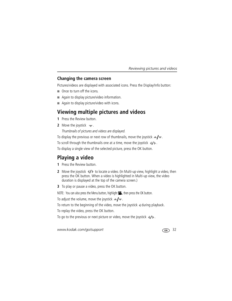 Changing the camera screen, Viewing multiple pictures and videos, Playing a video | Kodak Z730 User Manual | Page 39 / 79