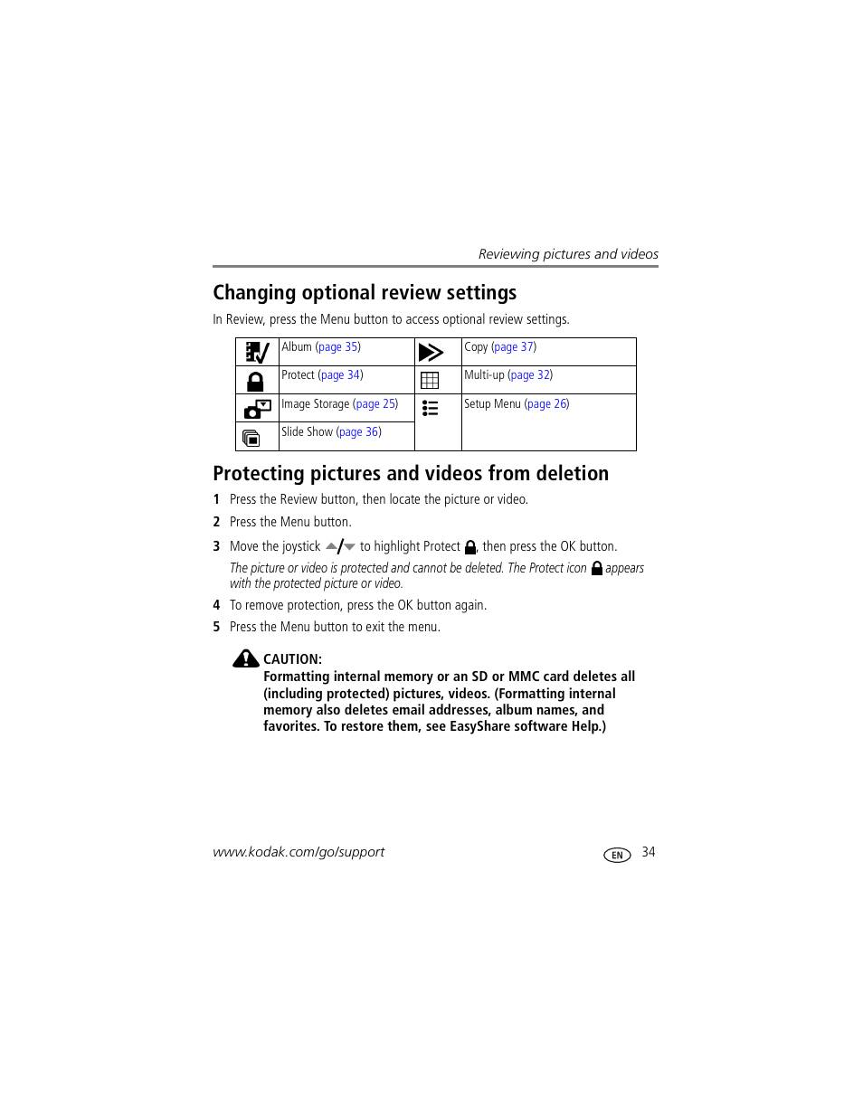 Changing optional review settings, Protecting pictures and videos from deletion | Kodak Z730 User Manual | Page 41 / 79