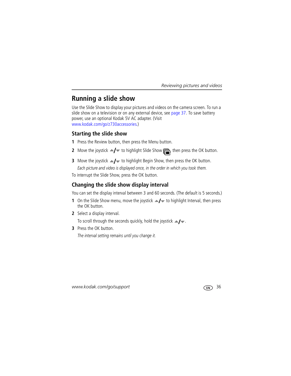 Running a slide show, Starting the slide show, Changing the slide show display interval | Kodak Z730 User Manual | Page 43 / 79