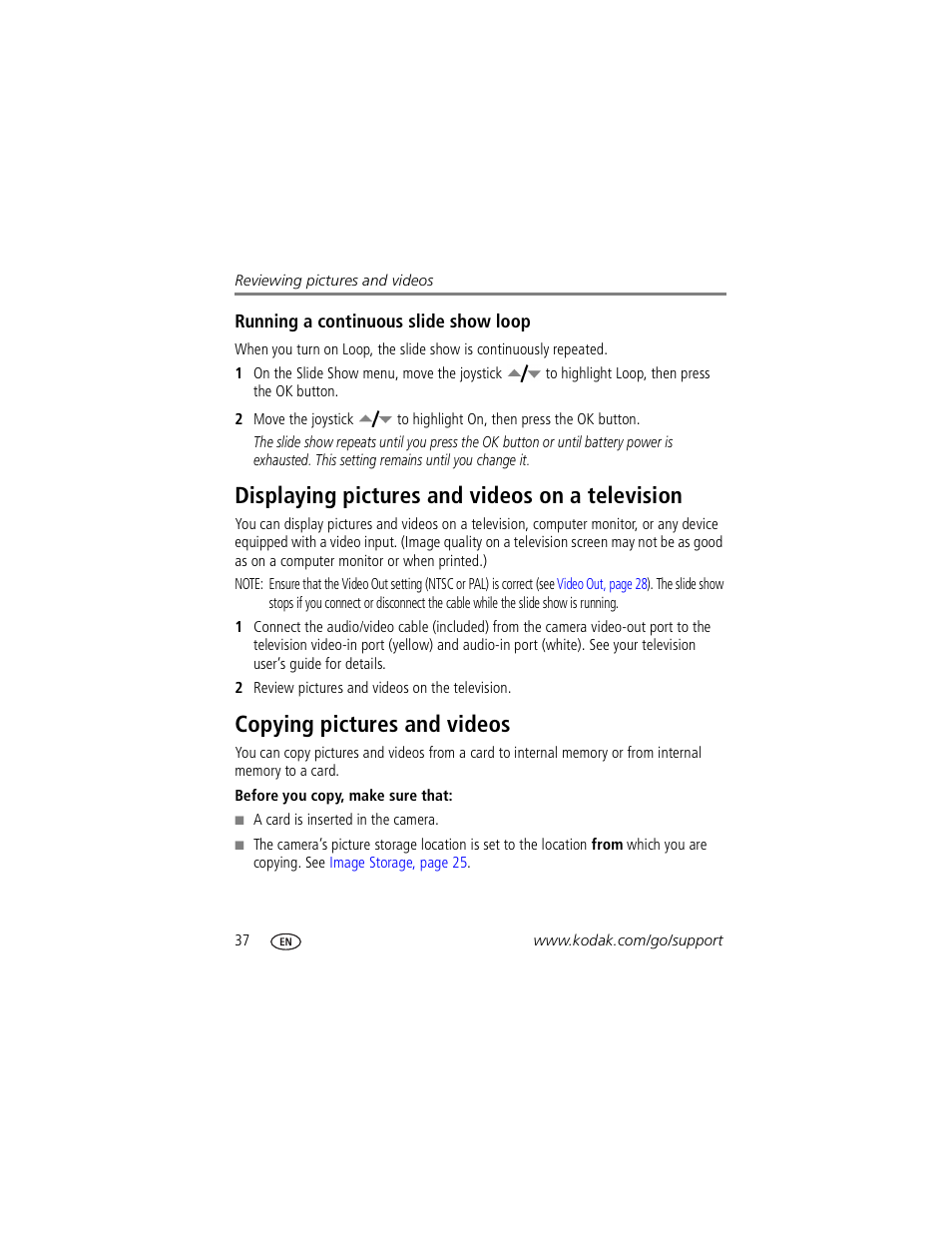 Running a continuous slide show loop, Displaying pictures and videos on a television, Copying pictures and videos | Kodak Z730 User Manual | Page 44 / 79