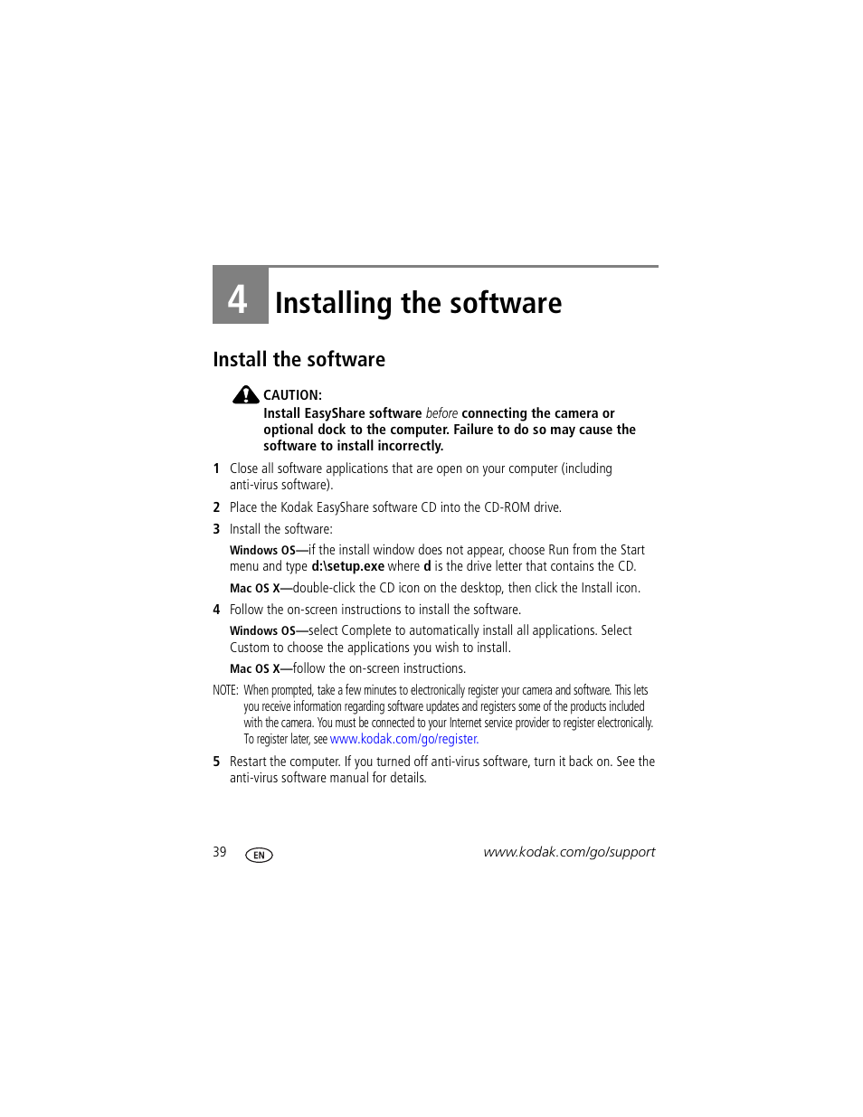 Installing the software, Install the software, 4 installing the software | Kodak Z730 User Manual | Page 46 / 79