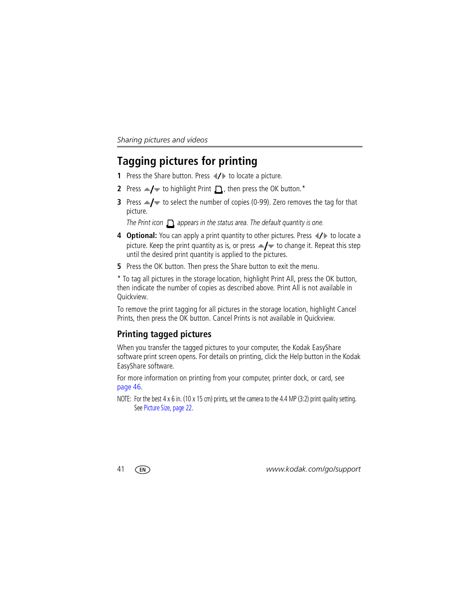 Tagging pictures for printing, Printing tagged pictures | Kodak Z730 User Manual | Page 48 / 79