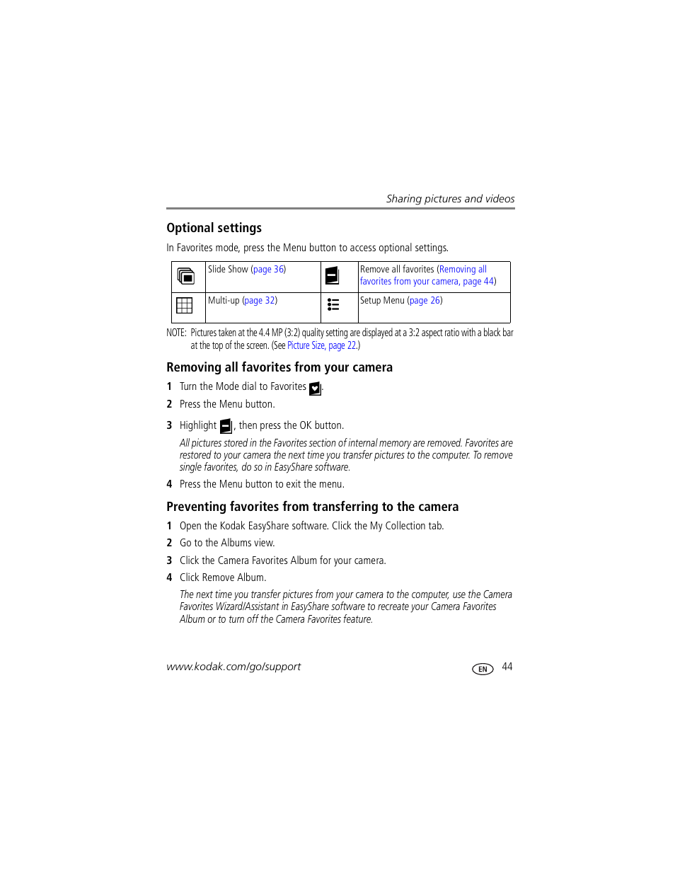 Optional settings, Removing all favorites from your camera | Kodak Z730 User Manual | Page 51 / 79