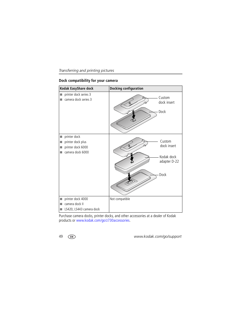 Dock compatibility for your camera | Kodak Z730 User Manual | Page 56 / 79