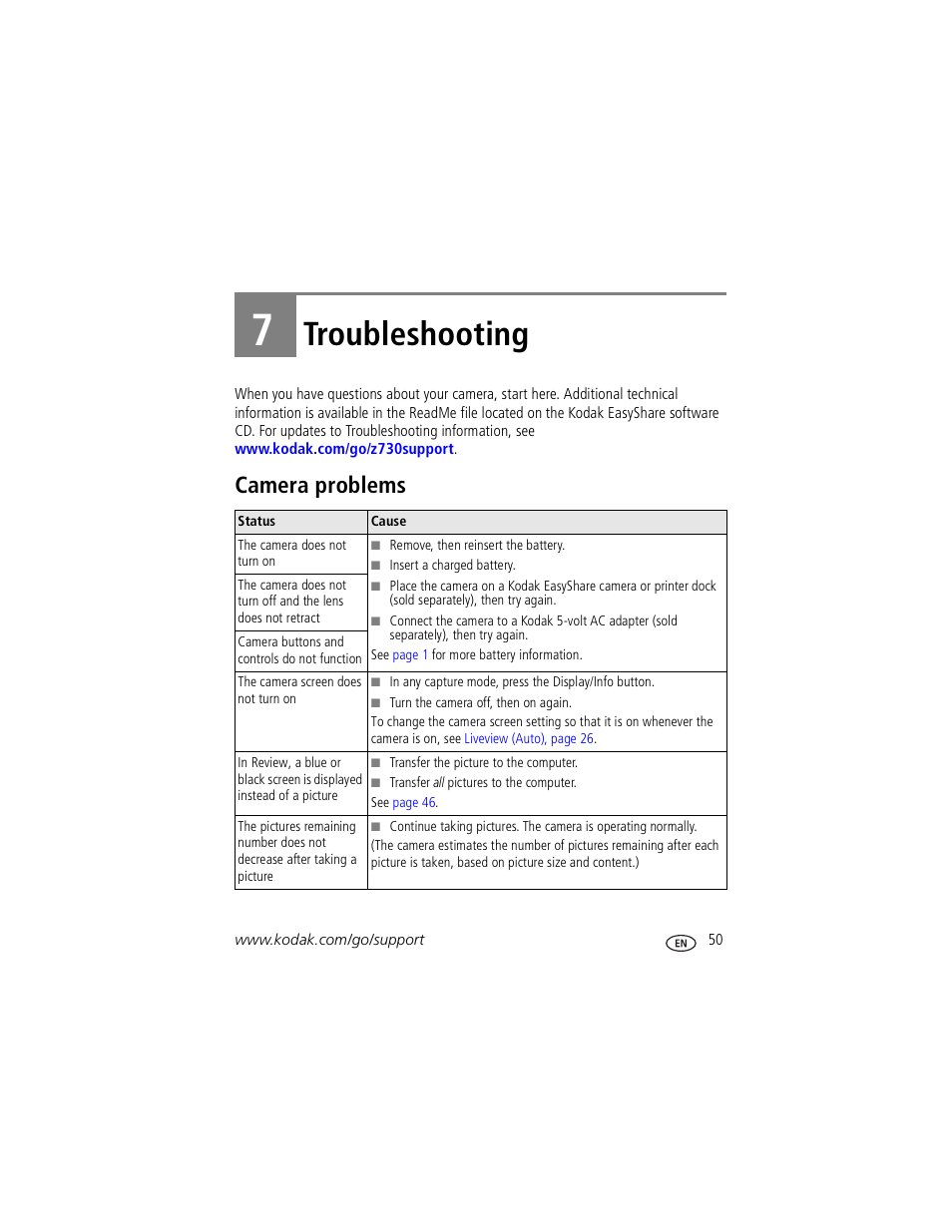 Troubleshooting, Camera problems, 7 troubleshooting | Kodak Z730 User Manual | Page 57 / 79