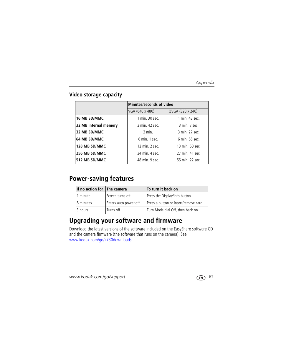 Video storage capacity, Power-saving features, Upgrading your software and firmware | Kodak Z730 User Manual | Page 69 / 79