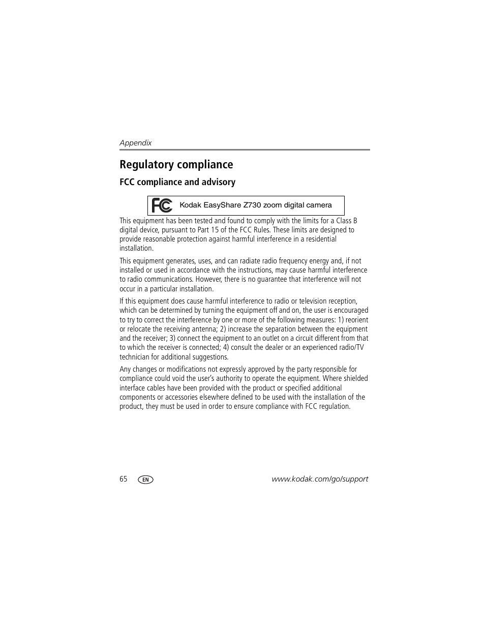 Regulatory compliance, Fcc compliance and advisory | Kodak Z730 User Manual | Page 72 / 79