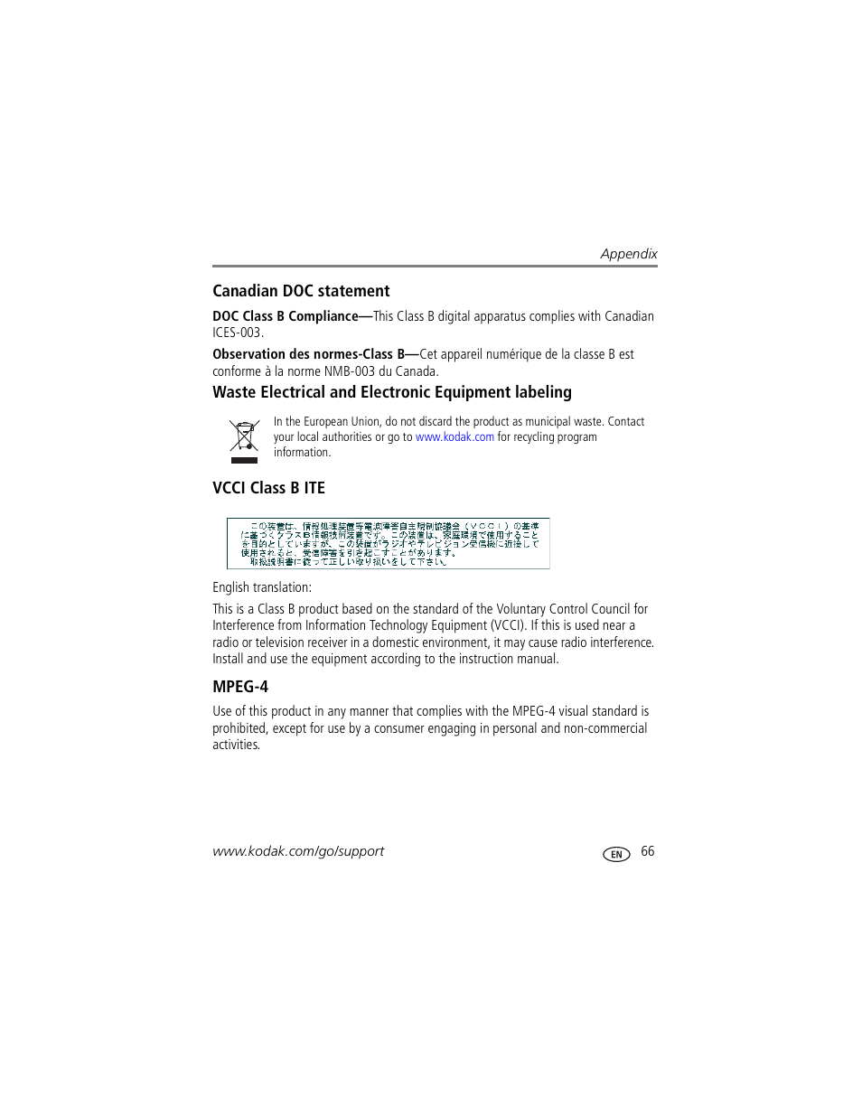 Canadian doc statement, Waste electrical and electronic equipment labeling, Vcci class b ite | Mpeg-4 | Kodak Z730 User Manual | Page 73 / 79