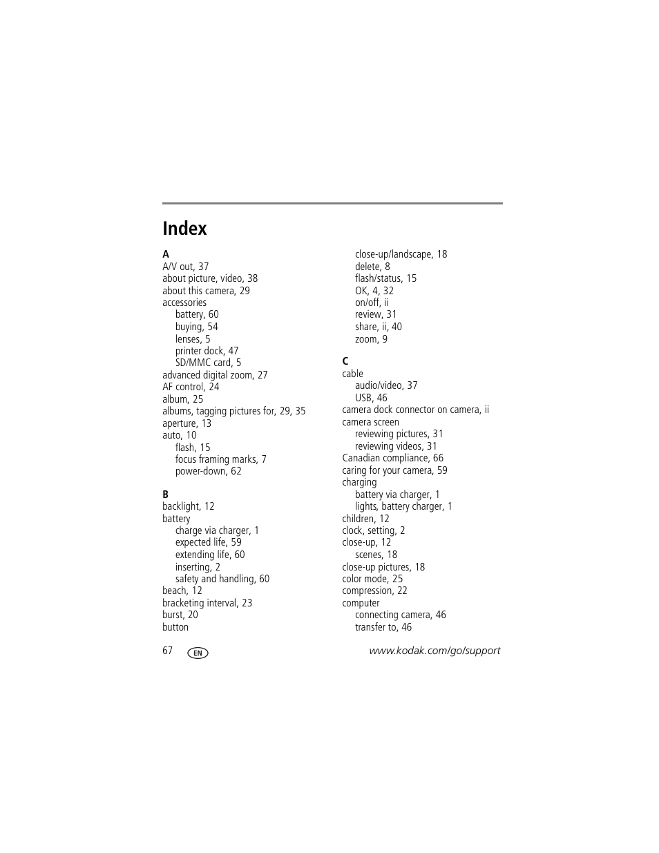 Index | Kodak Z730 User Manual | Page 74 / 79