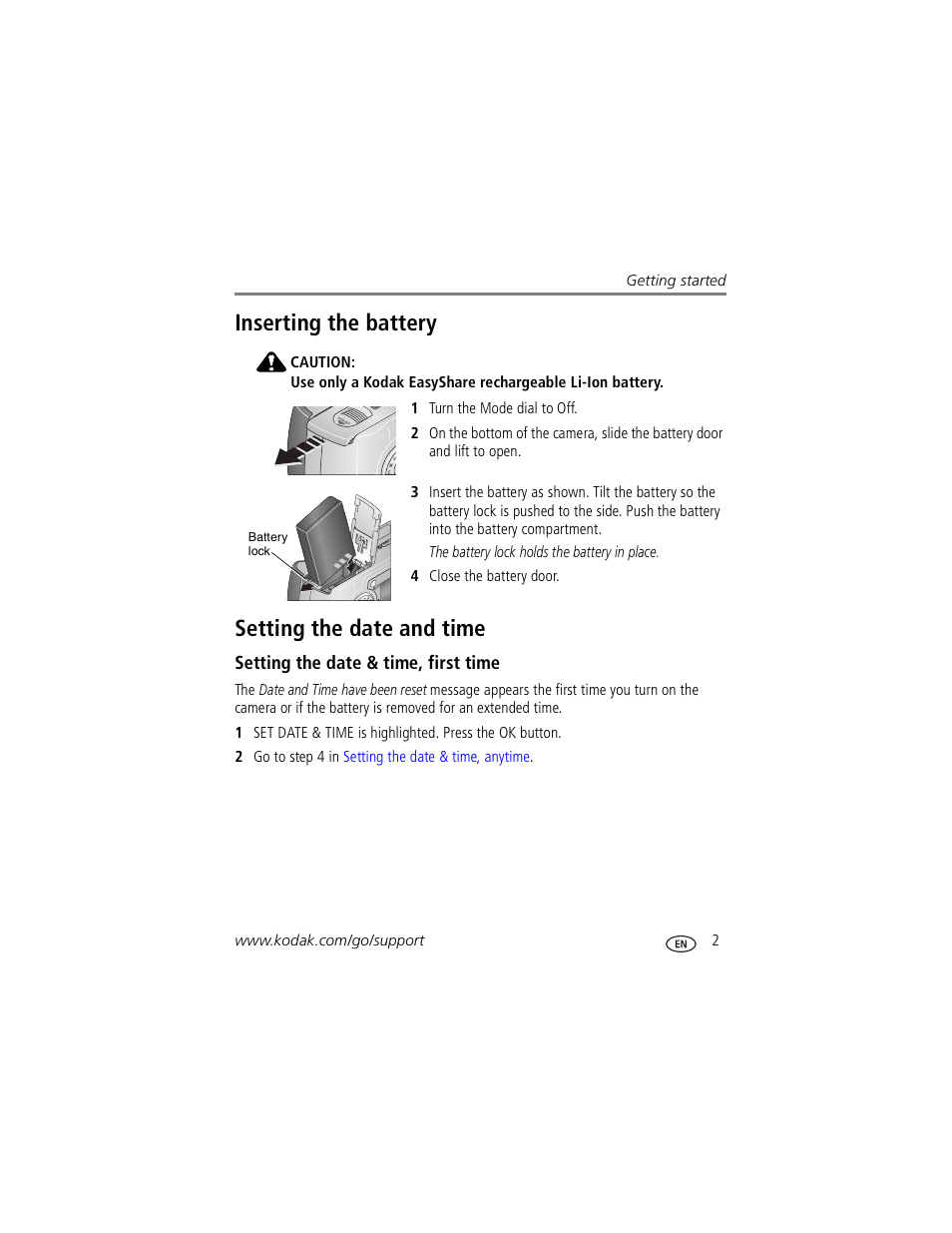 Inserting the battery, Setting the date and time, Setting the date & time, first time | Inserting the battery setting the date and time | Kodak Z730 User Manual | Page 9 / 79