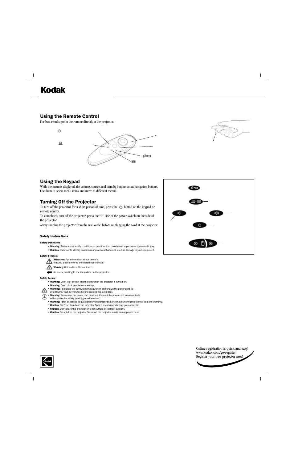 Using the remote control, Using the keypad, Turning off the projector | Kodak DP1100 User Manual | Page 2 / 2