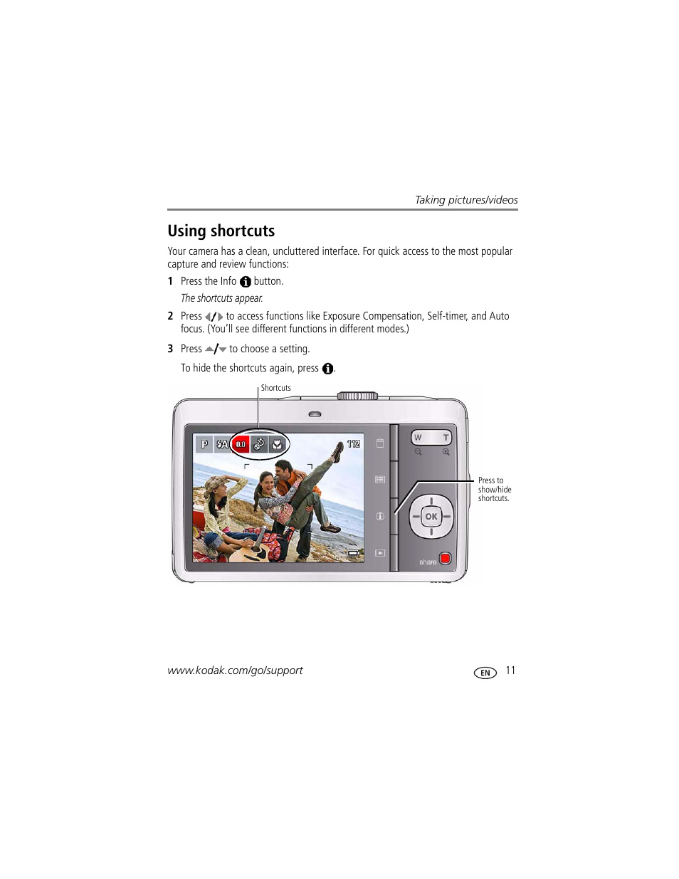 Using shortcuts | Kodak M340 User Manual | Page 17 / 71