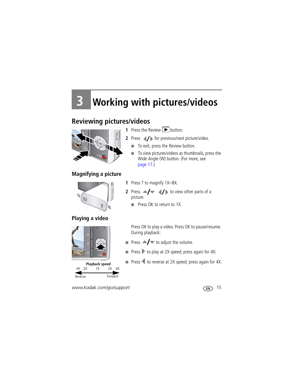 Working with pictures/videos, Reviewing pictures/videos, Magnifying a picture | Playing a video, 3 working with pictures/videos | Kodak M340 User Manual | Page 21 / 71