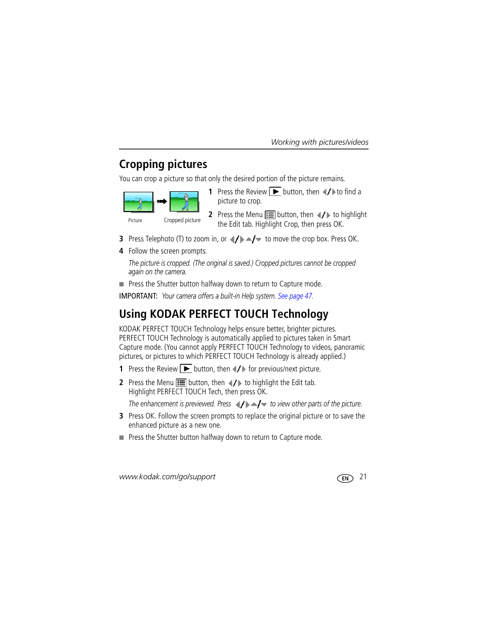 Cropping pictures, Using kodak perfect touch technology | Kodak M340 User Manual | Page 27 / 71