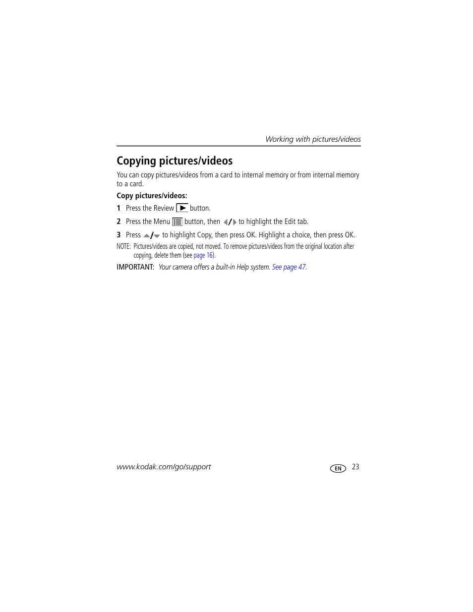 Copying pictures/videos | Kodak M340 User Manual | Page 29 / 71