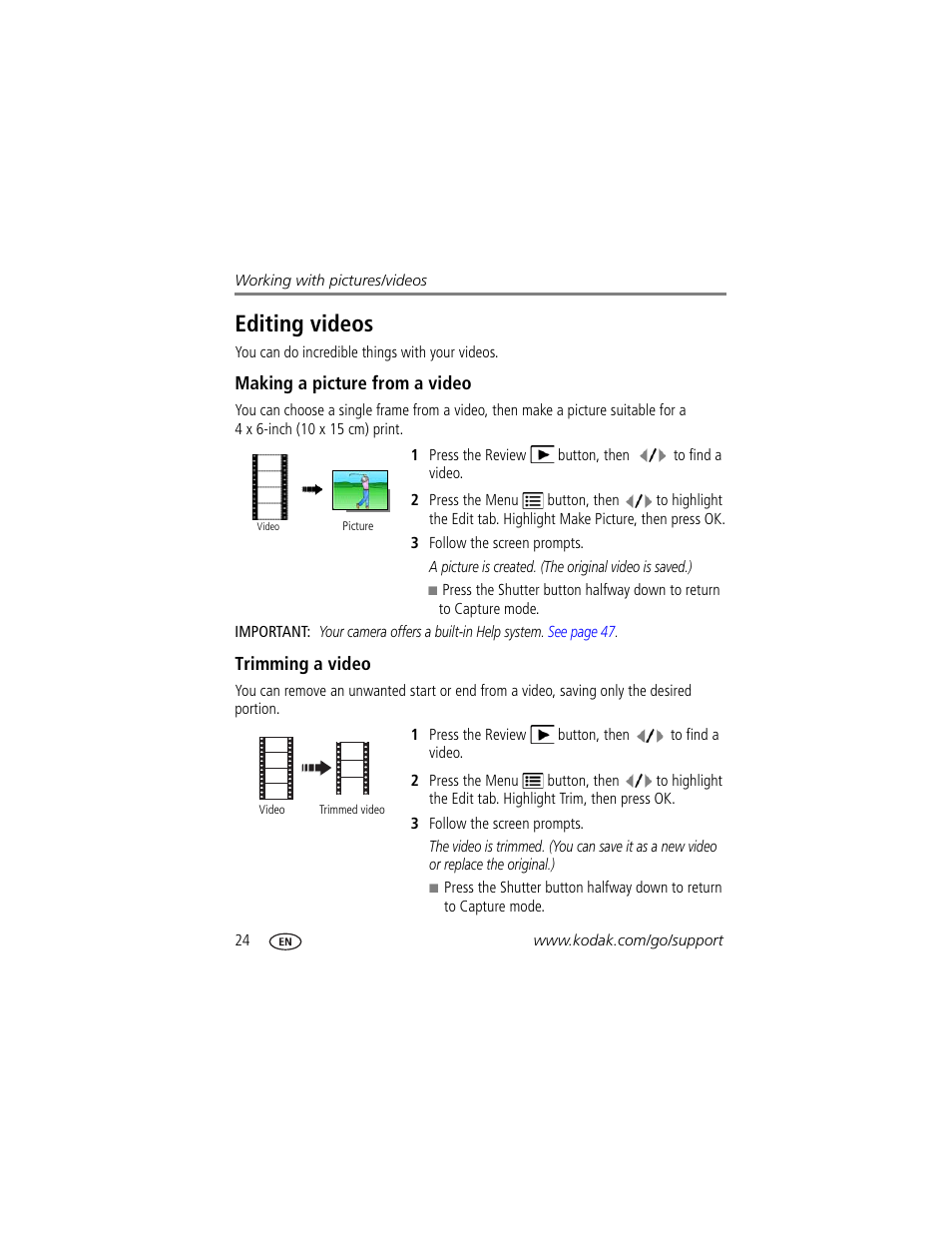 Editing videos, Making a picture from a video, Trimming a video | Kodak M340 User Manual | Page 30 / 71