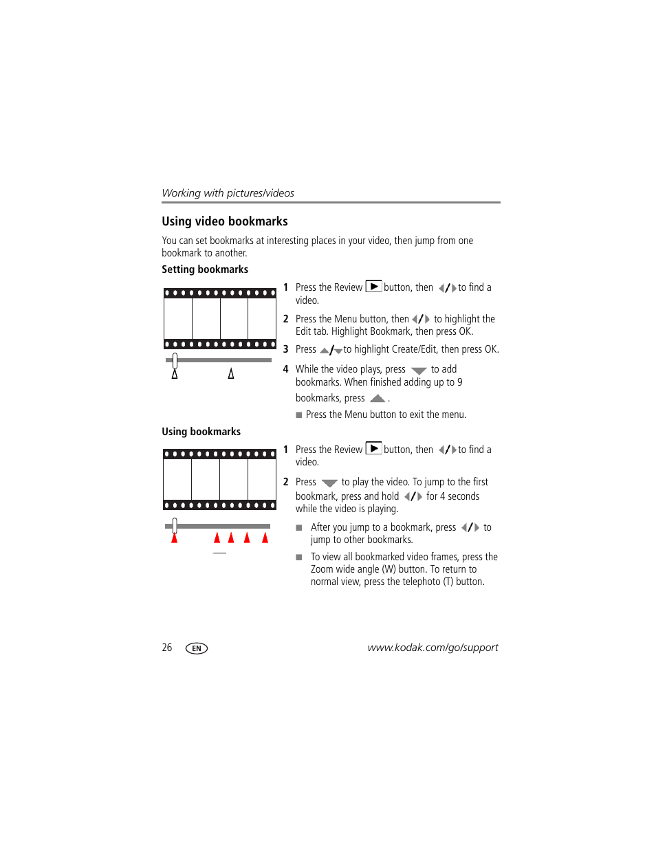 Using video bookmarks, Setting bookmarks, Using bookmarks | Kodak M340 User Manual | Page 32 / 71