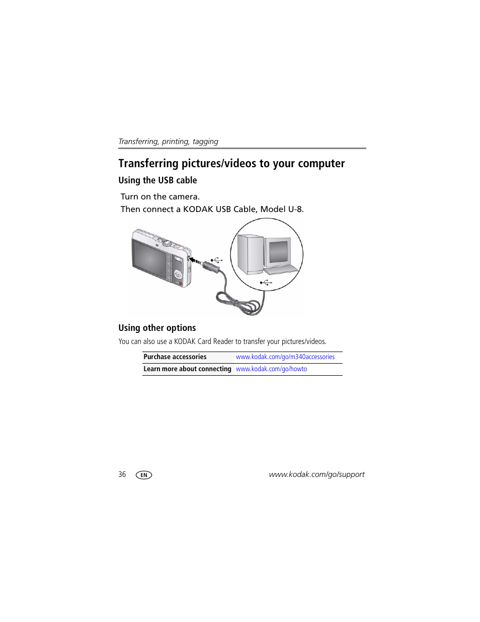 Transferring pictures/videos to your computer, Using the usb cable, Using other options | Kodak M340 User Manual | Page 42 / 71