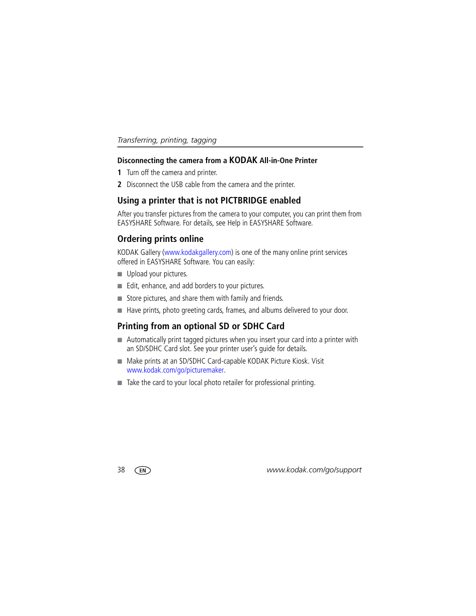 Using a printer that is not pictbridge enabled, Ordering prints online, Printing from an optional sd or sdhc card | Kodak M340 User Manual | Page 44 / 71