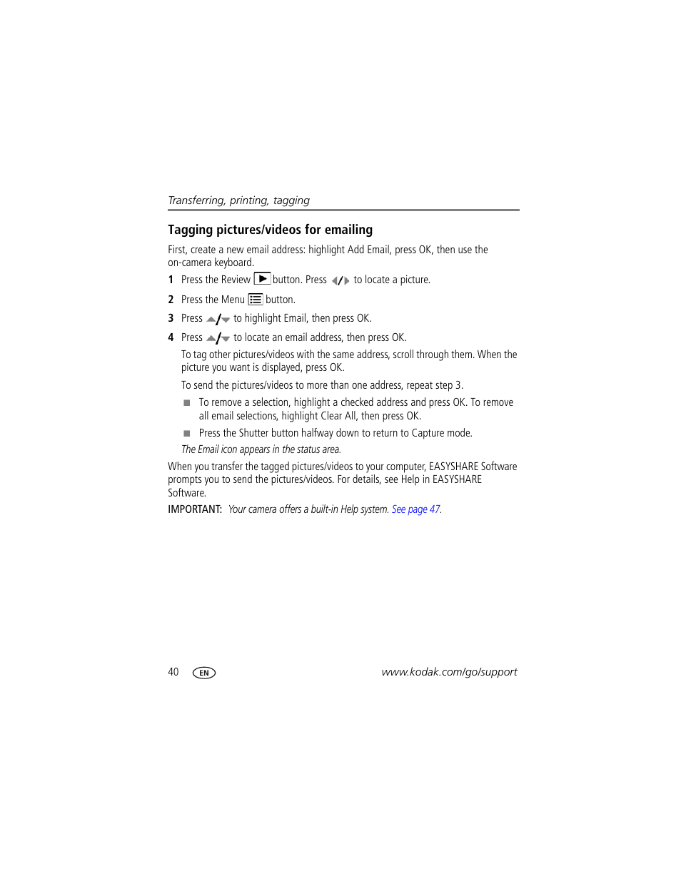 Tagging pictures/videos for emailing | Kodak M340 User Manual | Page 46 / 71