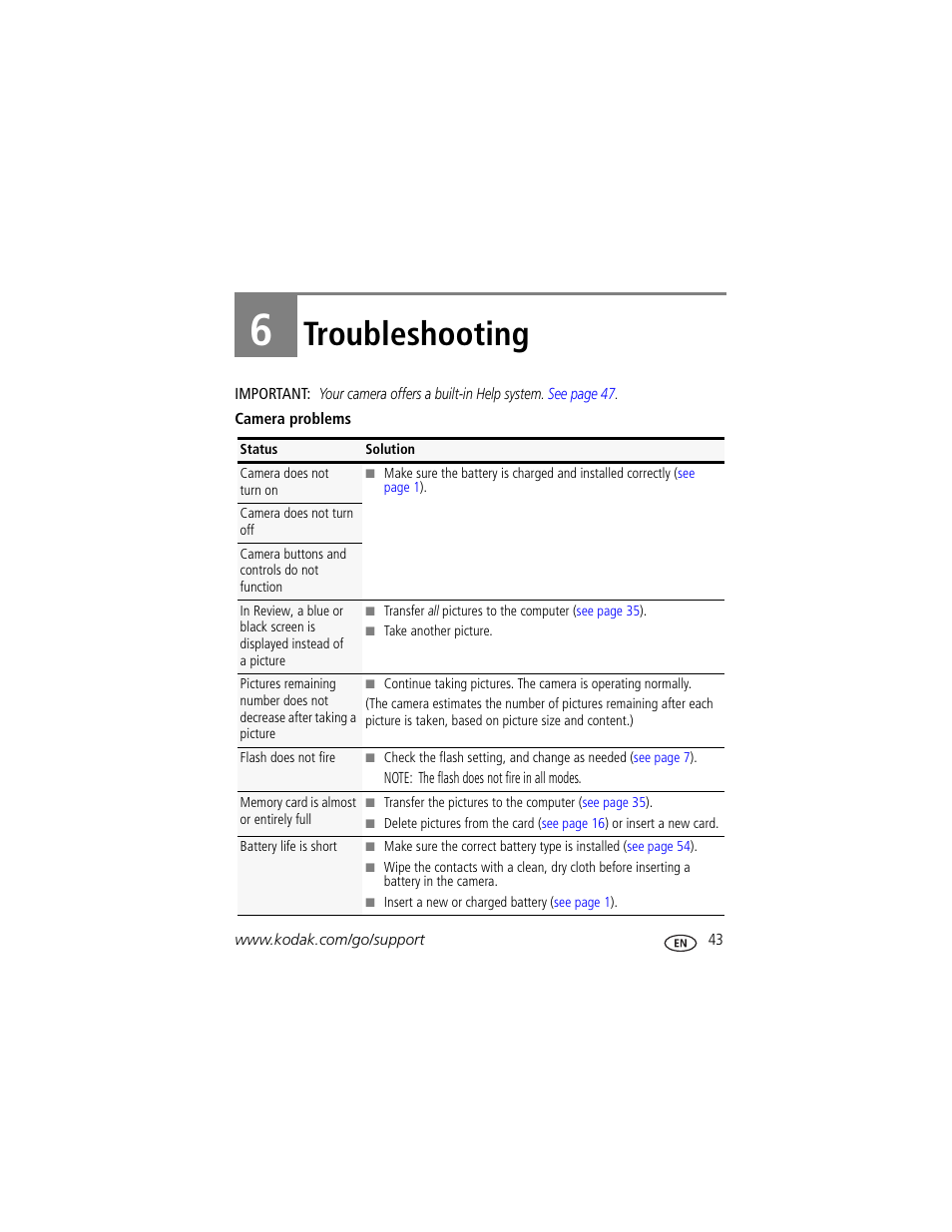 Troubleshooting, 6 troubleshooting | Kodak M340 User Manual | Page 49 / 71