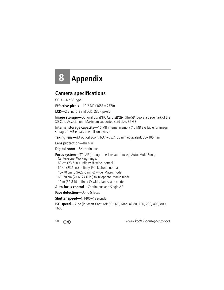 Appendix, Camera specifications, 8 appendix | Kodak M340 User Manual | Page 56 / 71