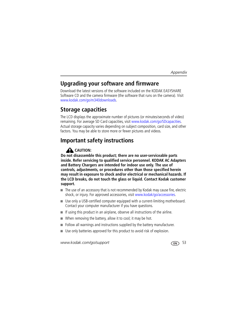 Upgrading your software and firmware, Storage capacities, Important safety instructions | Kodak M340 User Manual | Page 59 / 71