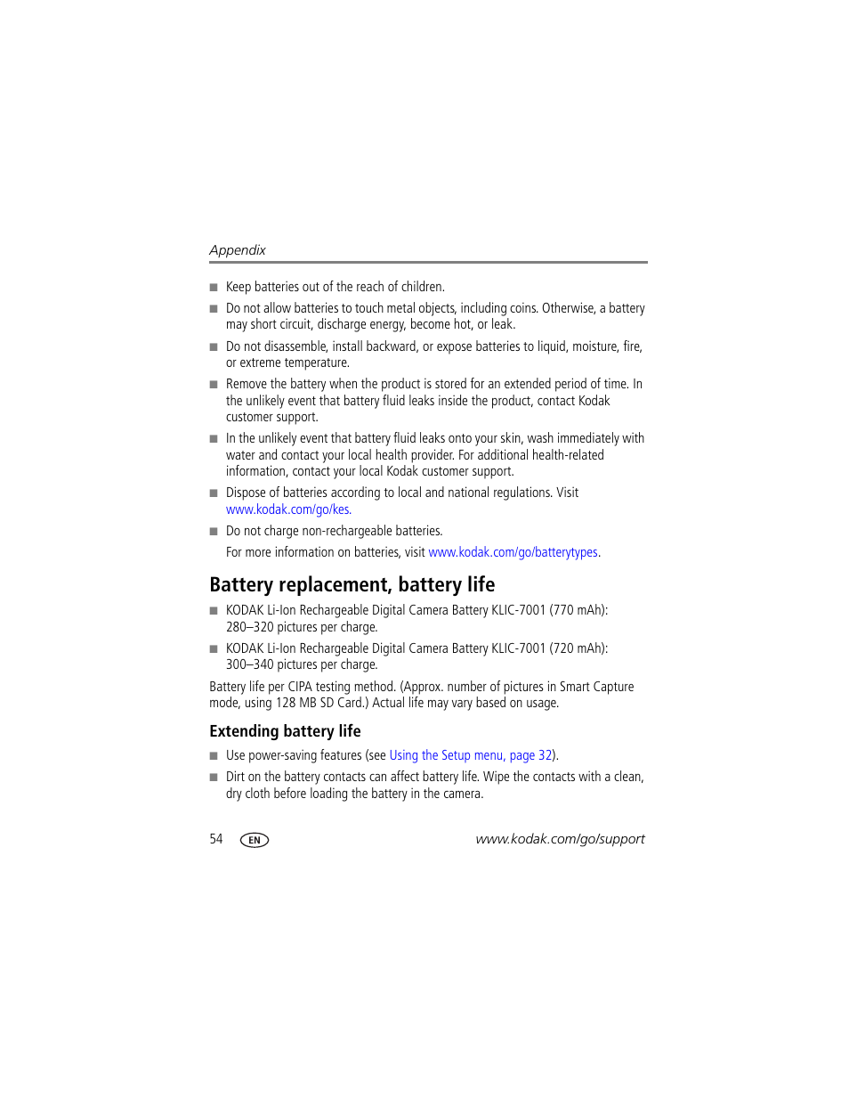 Battery replacement, battery life, Extending battery life, Alled | Kodak M340 User Manual | Page 60 / 71