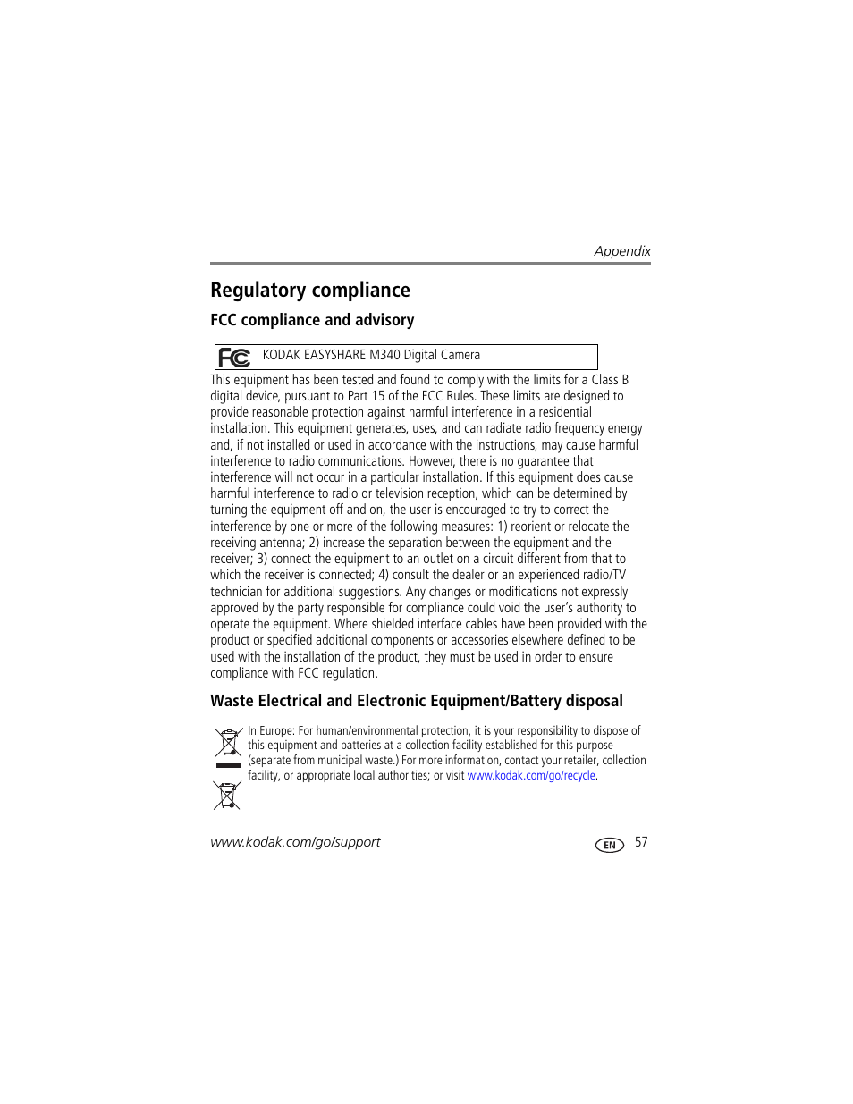 Regulatory compliance, Fcc compliance and advisory | Kodak M340 User Manual | Page 63 / 71