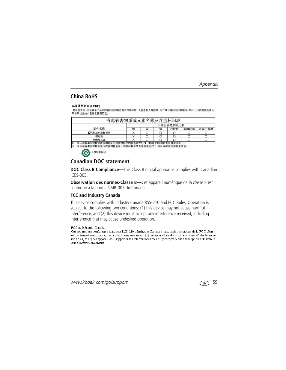 China rohs, Canadian doc statement, Fcc and industry canada | Kodak M340 User Manual | Page 65 / 71