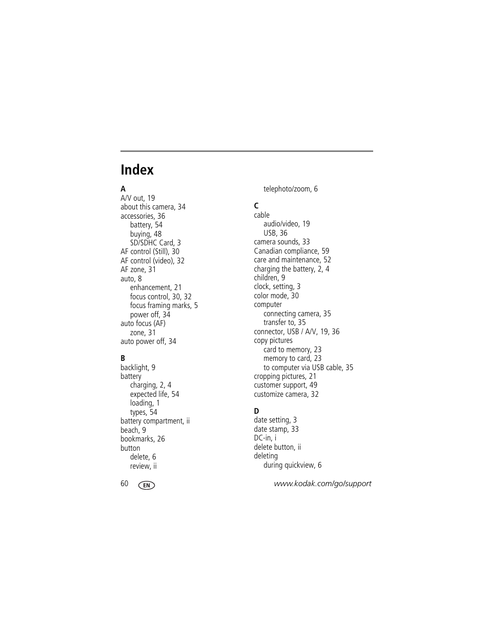 Index | Kodak M340 User Manual | Page 66 / 71