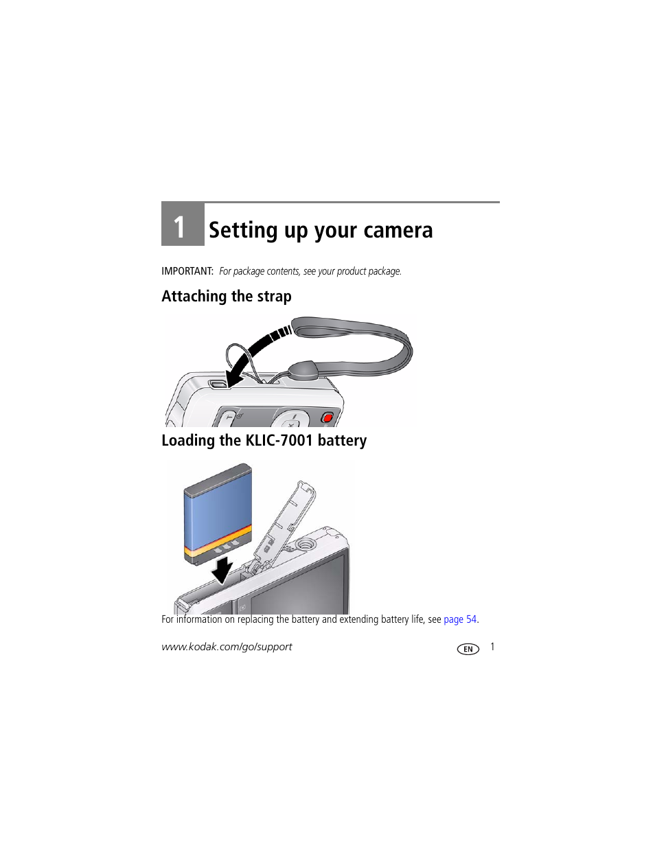 Setting up your camera, Attaching the strap, Loading the klic-7001 battery | 1 setting up your camera, Attaching the strap loading the klic-7001 battery | Kodak M340 User Manual | Page 7 / 71