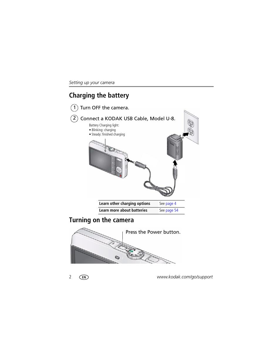 Charging the battery, Turning on the camera, Charging the battery turning on the camera | Kodak M340 User Manual | Page 8 / 71