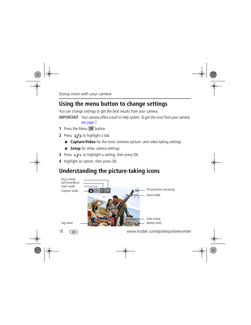 Using the menu button to change settings, Understanding the picture-taking icons | Kodak Z980 User Manual | Page 18 / 28