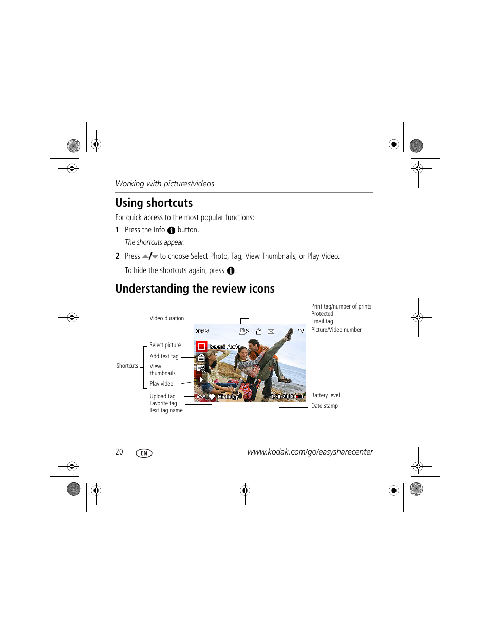 Using shortcuts, Understanding the review icons | Kodak Z980 User Manual | Page 20 / 28