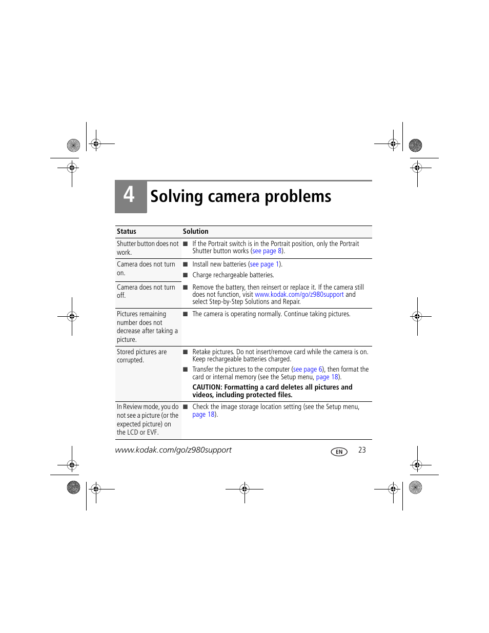 Solving camera problems | Kodak Z980 User Manual | Page 23 / 28