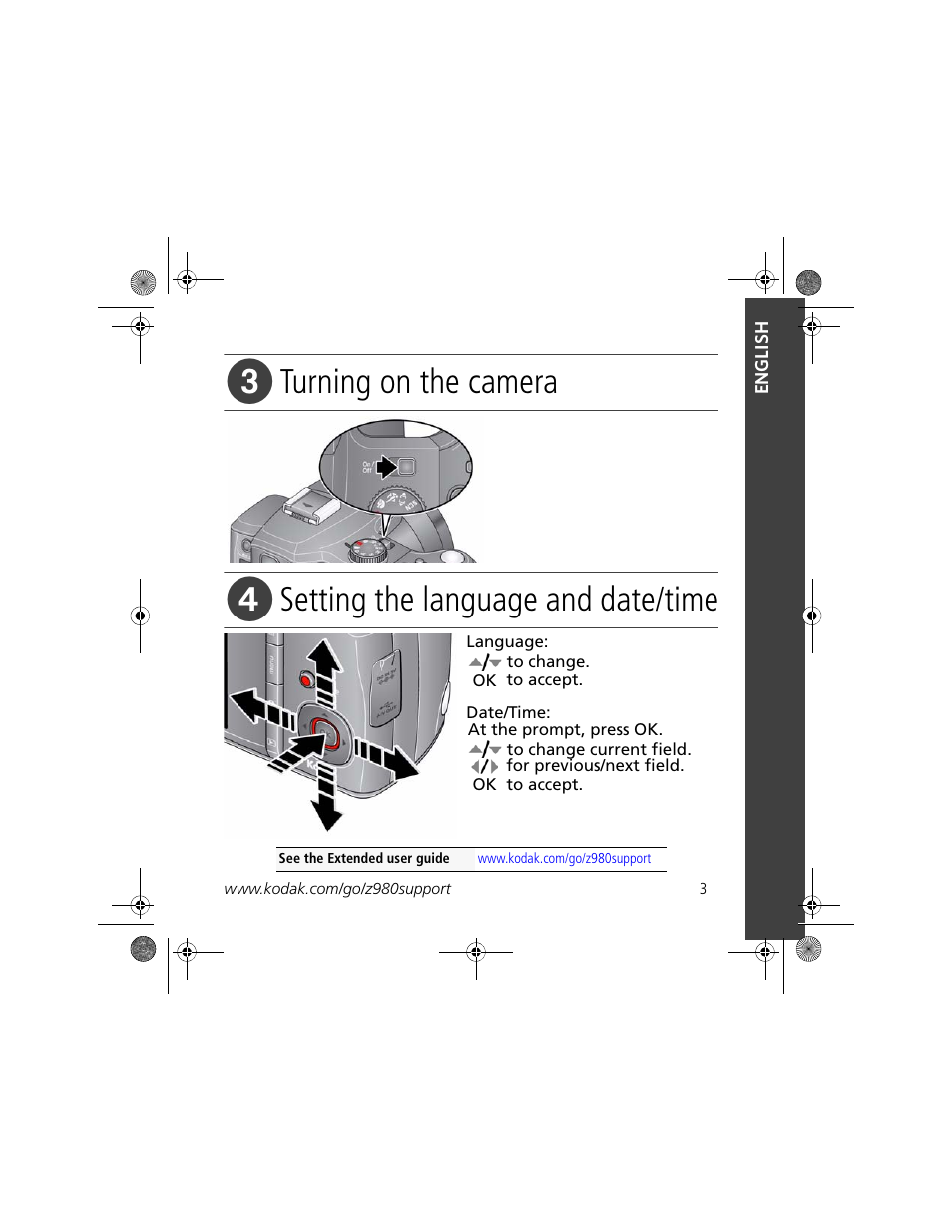 Turning on the camera, Setting the language and date/time | Kodak Z980 User Manual | Page 3 / 28