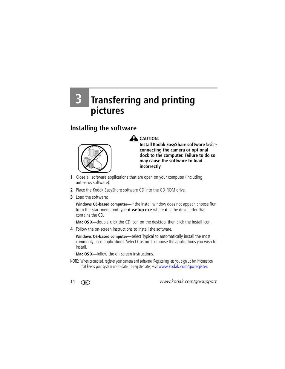 Transferring and printing pictures, Installing the software, 3 transferring and printing pictures | Kodak CD33 User Manual | Page 20 / 75