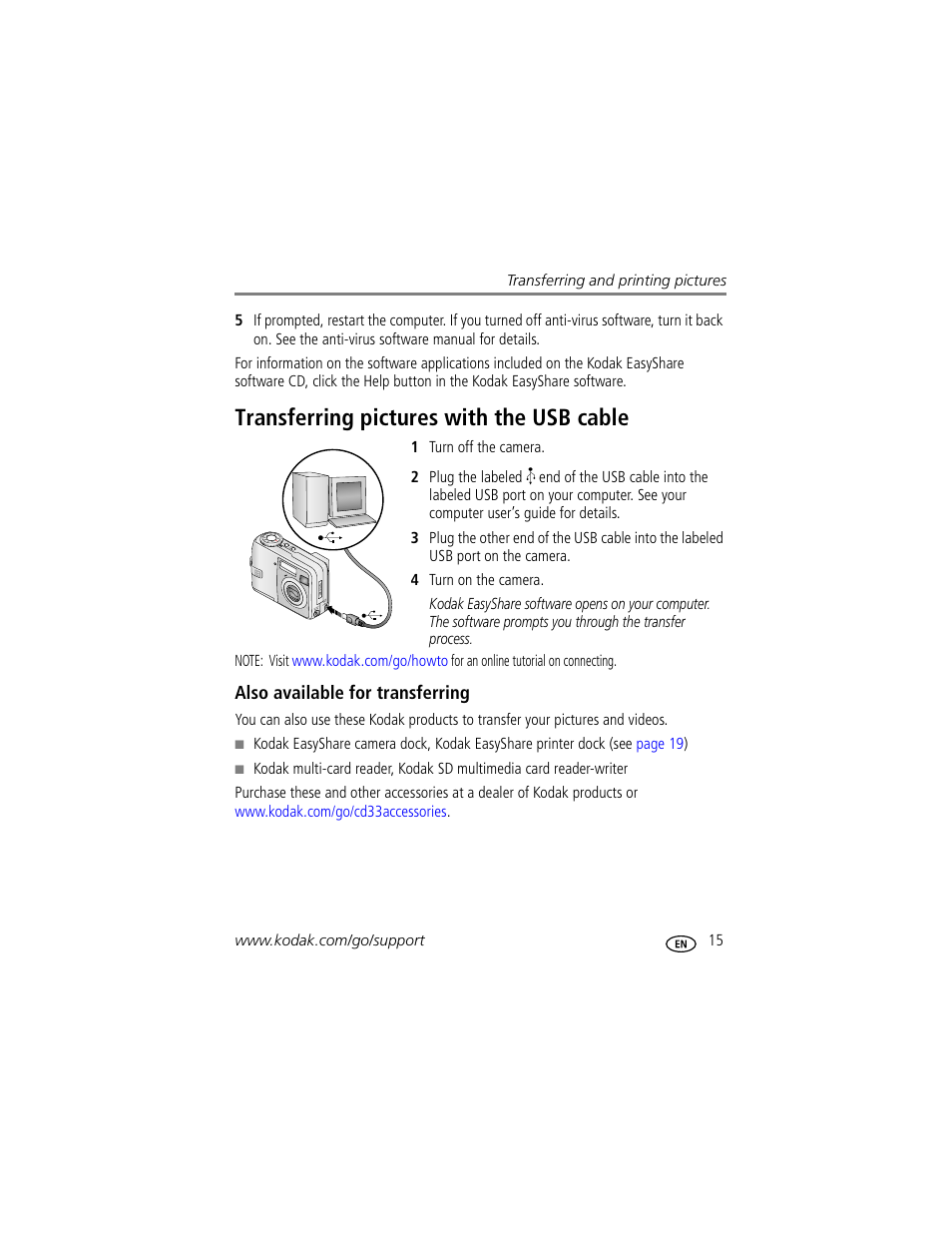 Transferring pictures with the usb cable, Also available for transferring | Kodak CD33 User Manual | Page 21 / 75