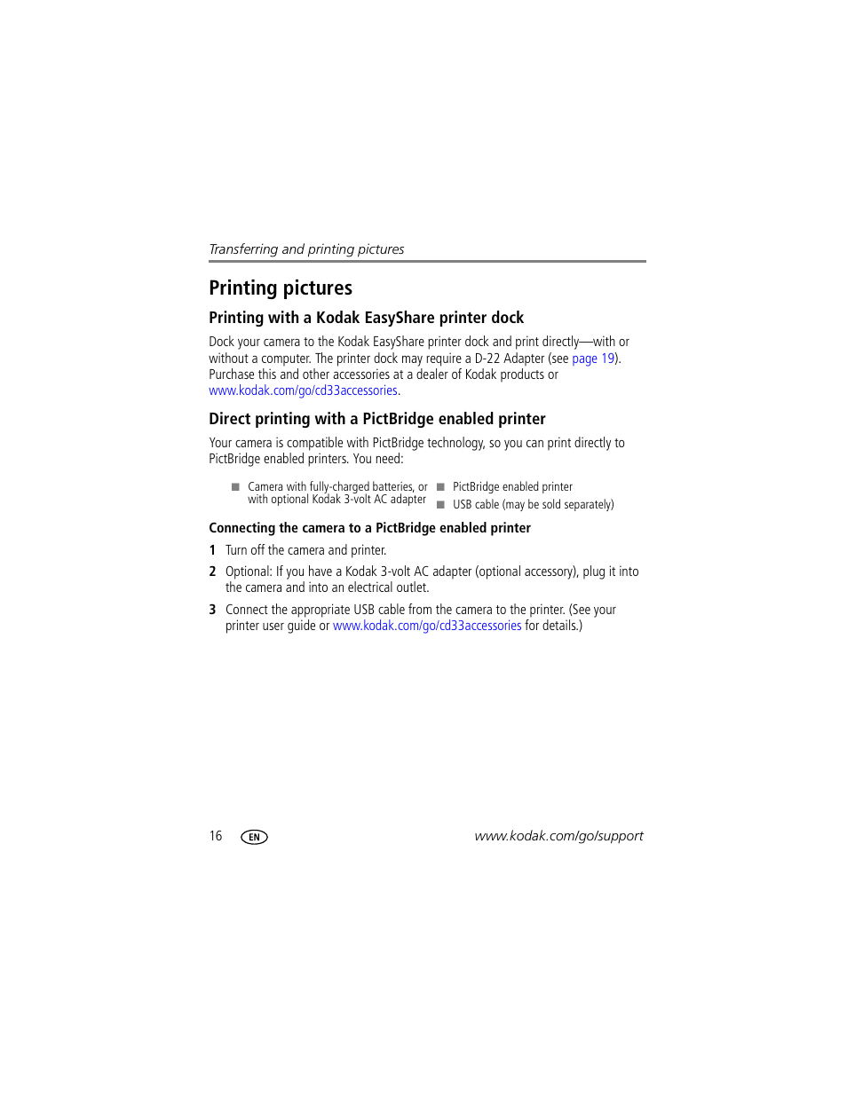 Printing pictures, Printing with a kodak easyshare printer dock, Direct printing with a pictbridge enabled printer | Kodak CD33 User Manual | Page 22 / 75