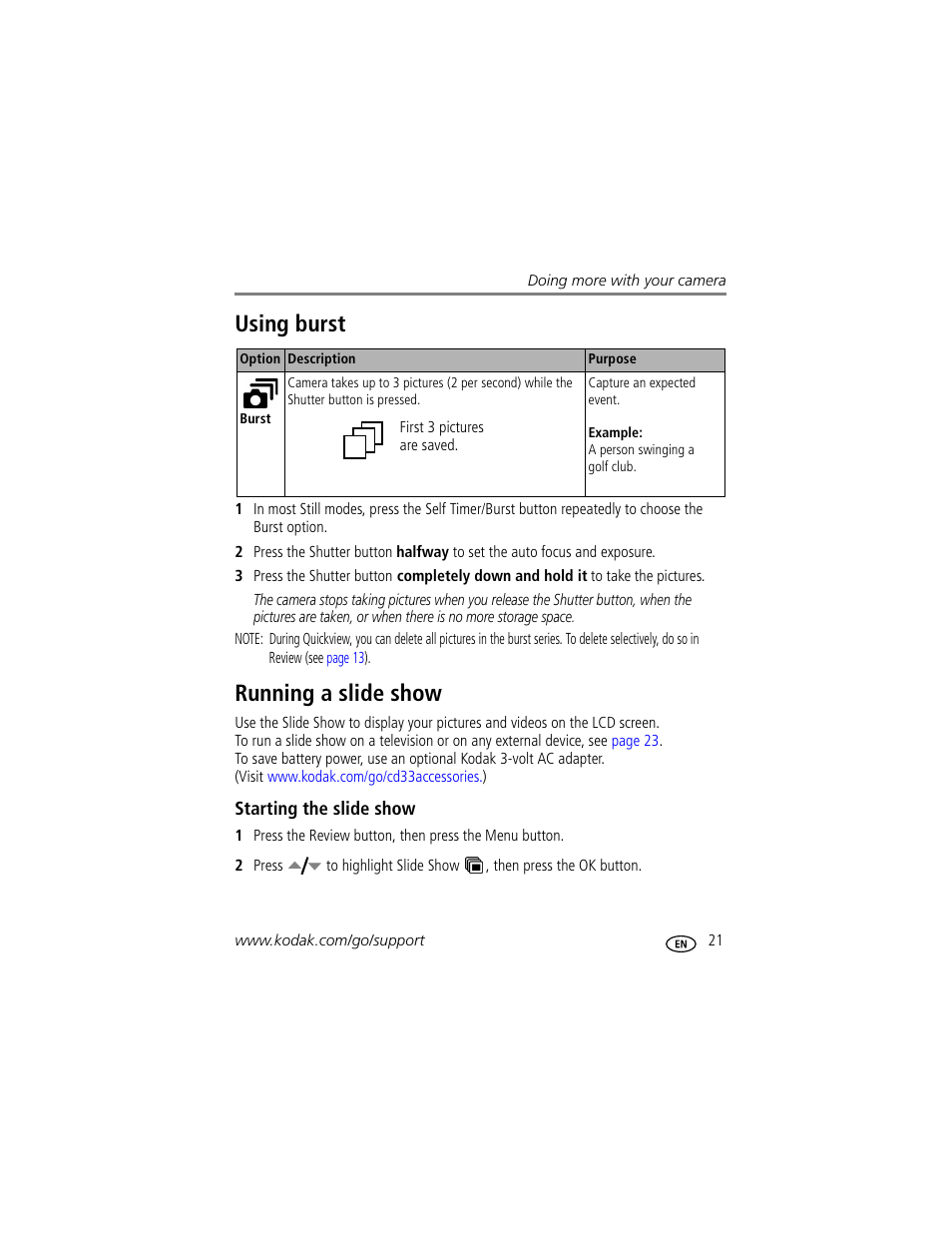 Using burst, Running a slide show, Starting the slide show | Using burst running a slide show | Kodak CD33 User Manual | Page 27 / 75