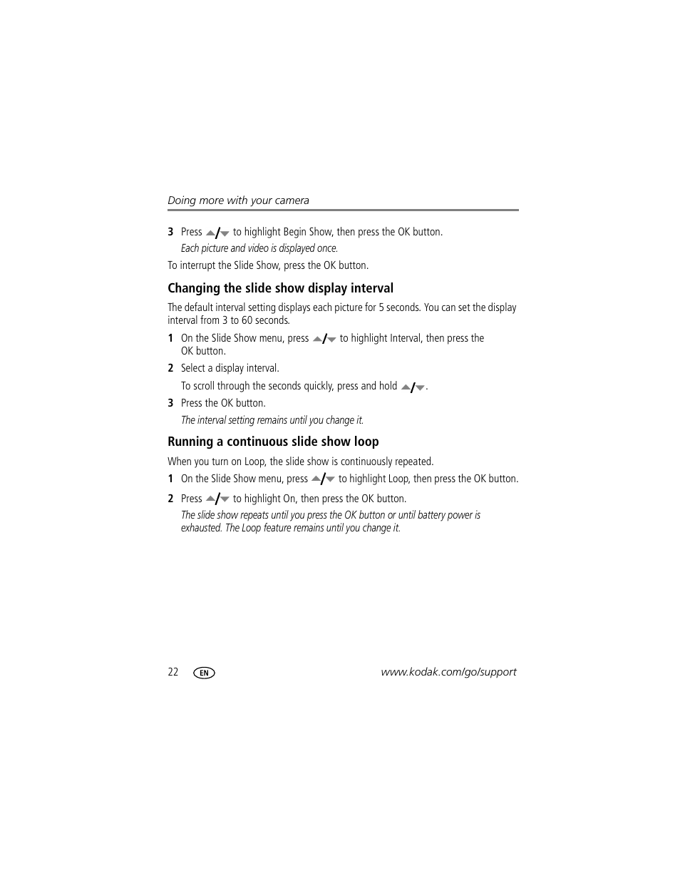 Changing the slide show display interval, Running a continuous slide show loop | Kodak CD33 User Manual | Page 28 / 75