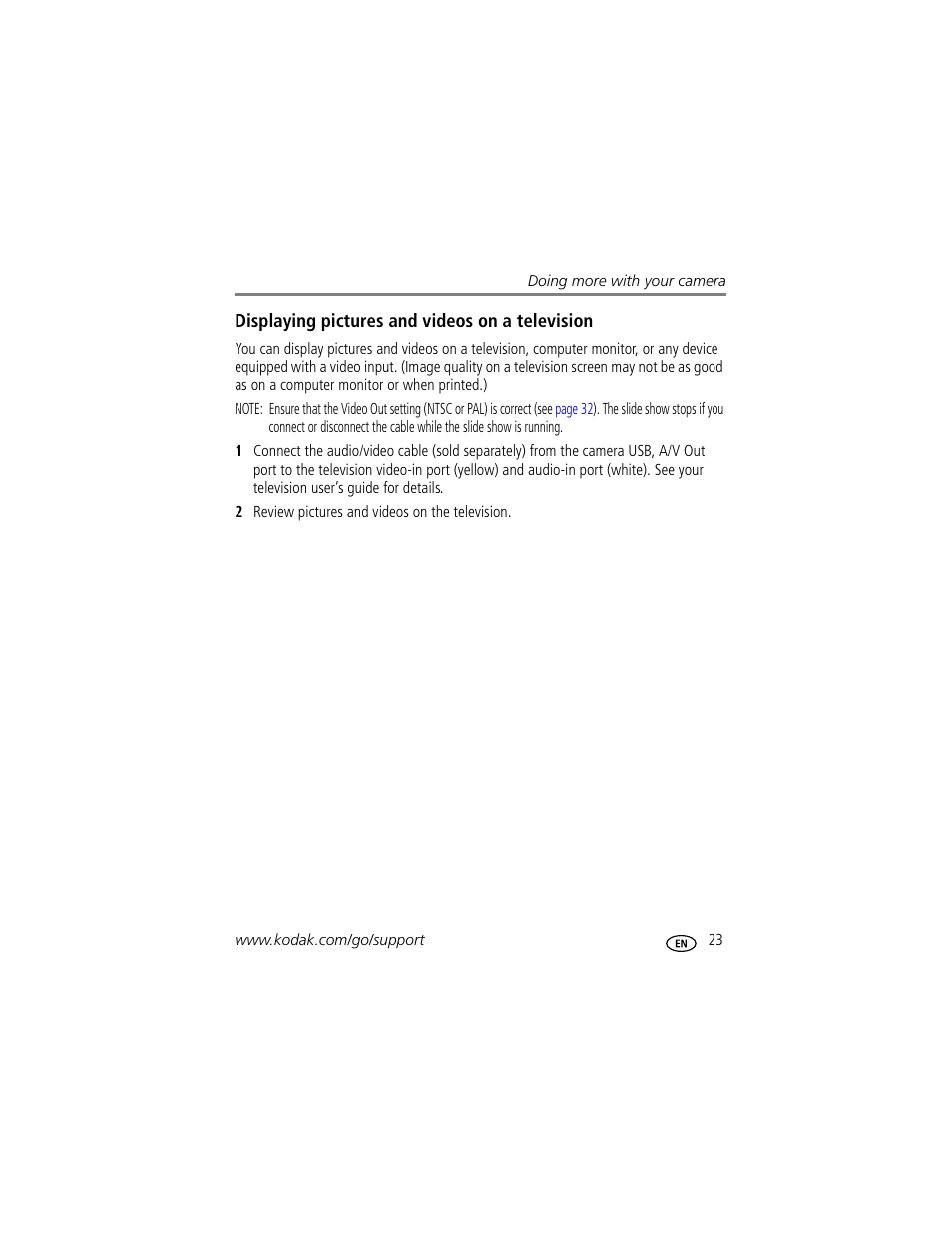 Displaying pictures and videos on a television | Kodak CD33 User Manual | Page 29 / 75