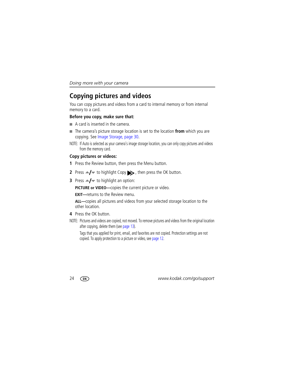 Copying pictures and videos | Kodak CD33 User Manual | Page 30 / 75