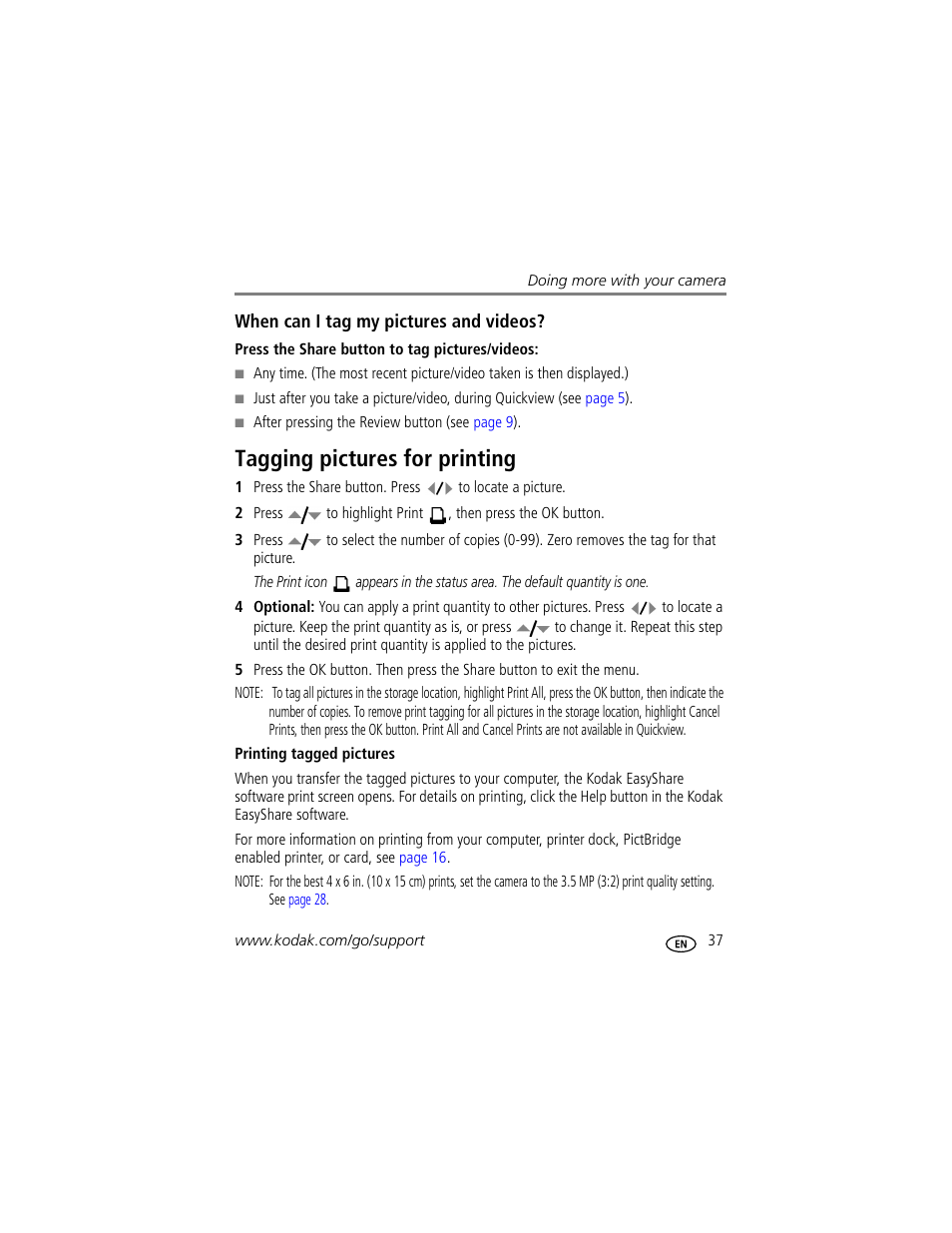 When can i tag my pictures and videos, Tagging pictures for printing, Printing tagged pictures | Kodak CD33 User Manual | Page 43 / 75