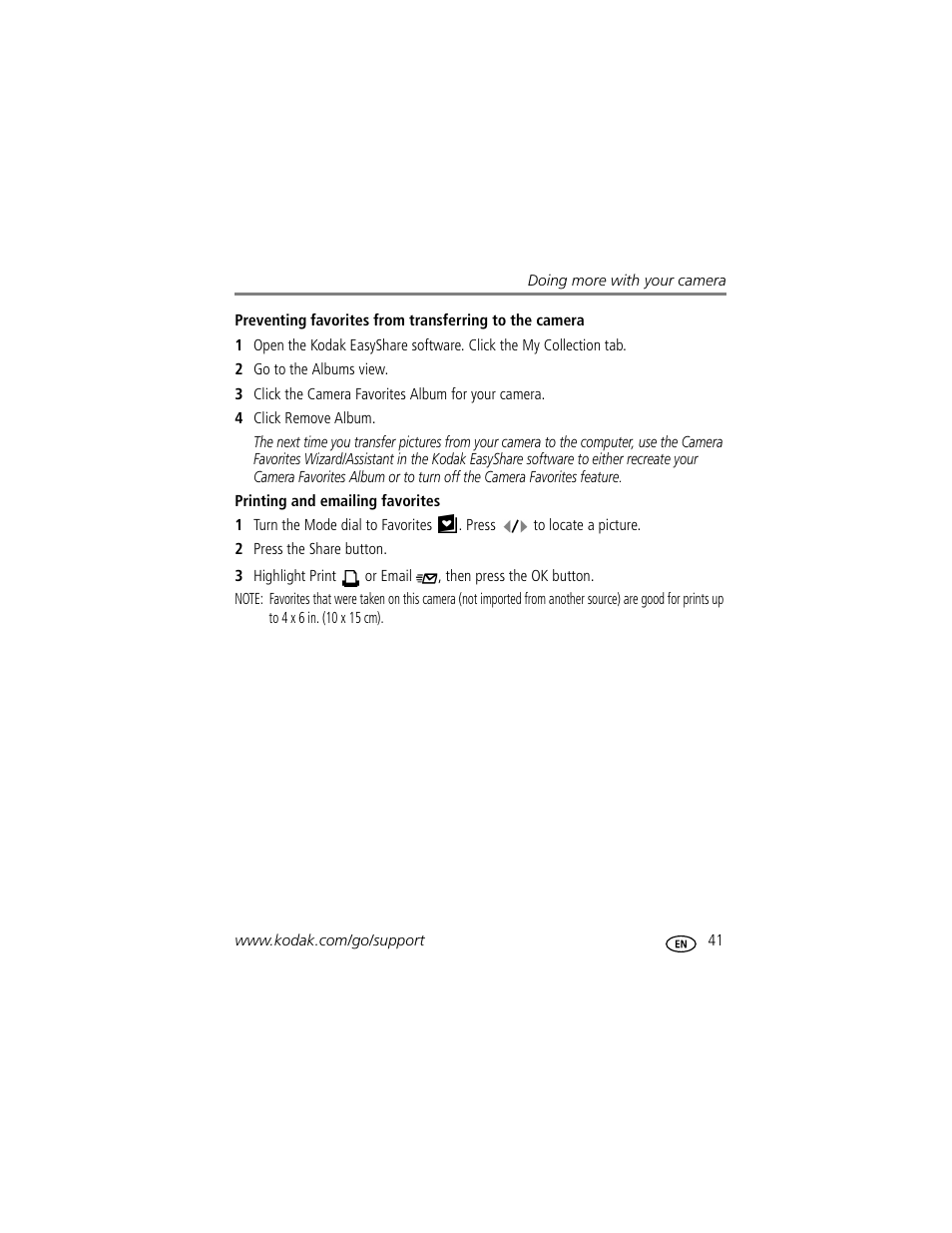 Printing and emailing favorites | Kodak CD33 User Manual | Page 47 / 75