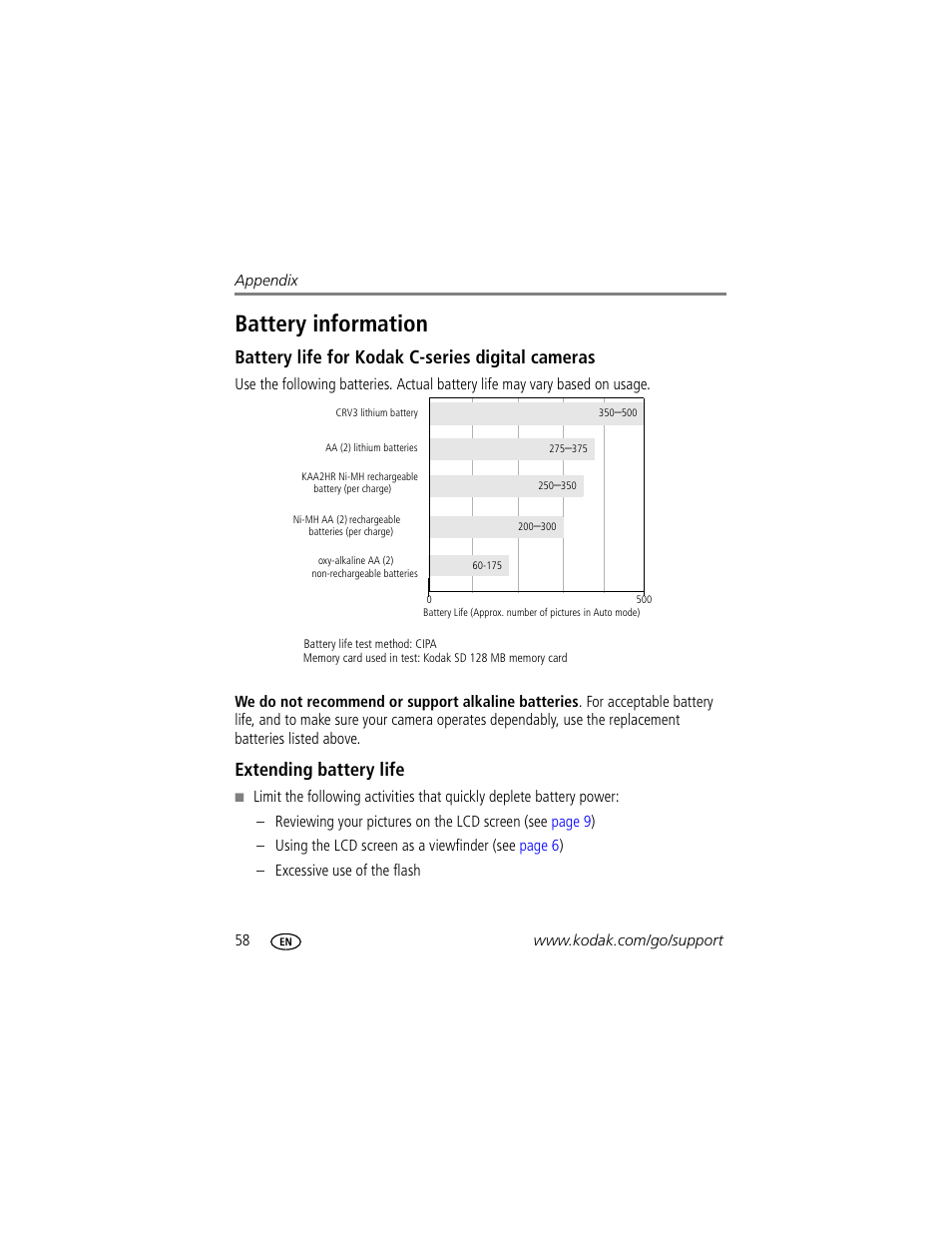 Battery information, Battery life for kodak c-series digital cameras, Extending battery life | Kodak CD33 User Manual | Page 64 / 75