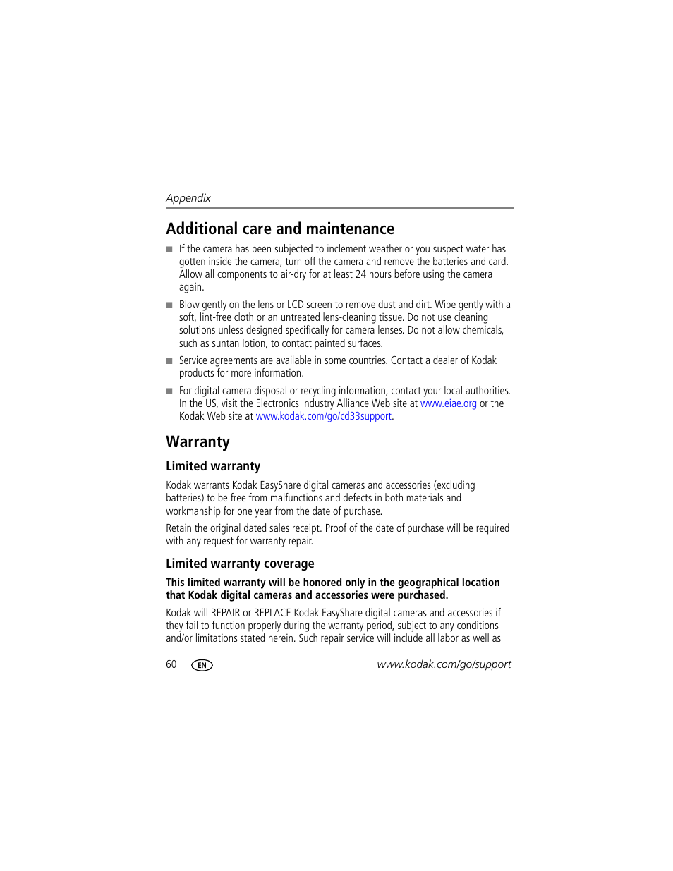 Additional care and maintenance, Warranty, Limited warranty | Limited warranty coverage, Additional care and maintenance warranty | Kodak CD33 User Manual | Page 66 / 75