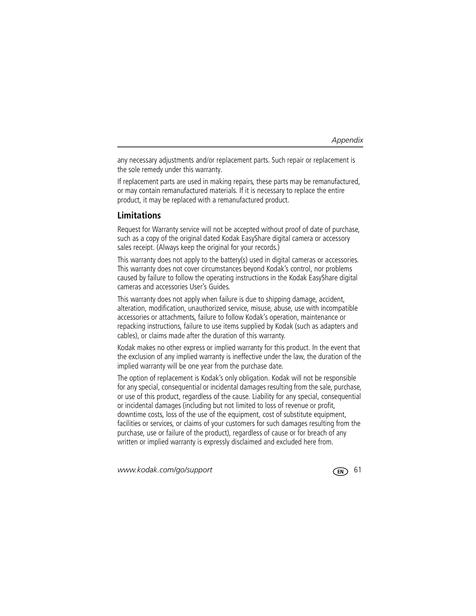 Limitations | Kodak CD33 User Manual | Page 67 / 75